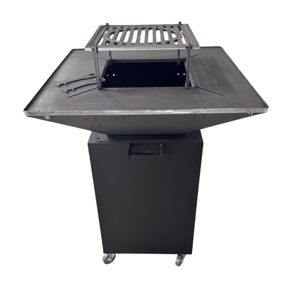 Fire Pit, Gratar cu plita 75x75 cm din otel 10 mm pe lemne, pentru gradina sau terasa + blat de lemn, cu sticla colorata NEVOPSIT, FARA BLAT DE LEMN SI FARA MOTIVE TRADITIONALE - BUZ.RO