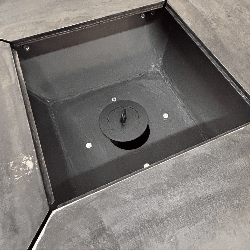 Fire Pit, Gratar cu plita 75x75 cm din otel 10 mm pe lemne, pentru gradina sau terasa + blat de lemn, cu sticla colorata NEVOPSIT, FARA BLAT DE LEMN SI FARA MOTIVE TRADITIONALE - BUZ.RO