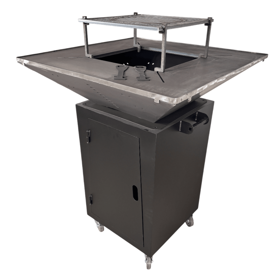 Fire Pit, Gratar cu plita 75x75 cm din otel 10 mm pe lemne, pentru gradina sau terasa + blat de lemn, cu sticla colorata NEVOPSIT, FARA BLAT DE LEMN SI FARA MOTIVE TRADITIONALE - BUZ.RO