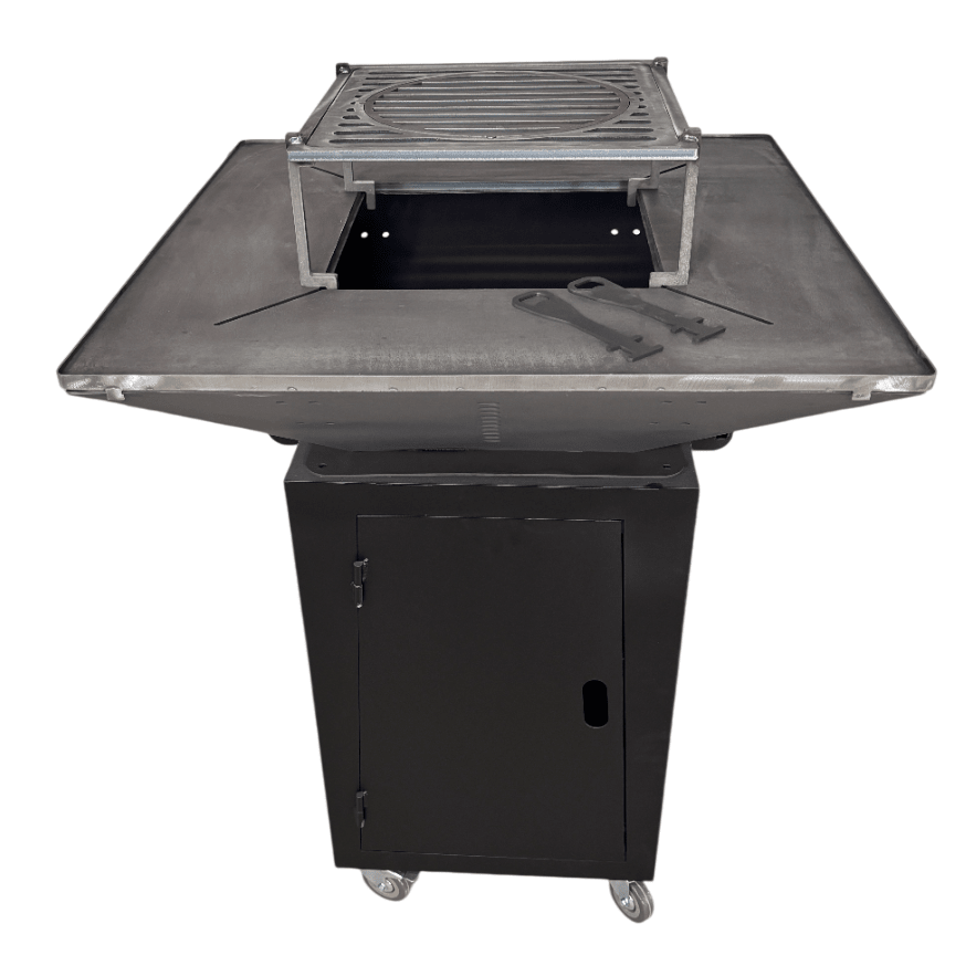 Fire Pit, Gratar cu plita 75x75 cm din otel 10 mm pe lemne, pentru gradina sau terasa + blat de lemn, cu sticla colorata NEVOPSIT, FARA BLAT DE LEMN SI FARA MOTIVE TRADITIONALE - BUZ.RO