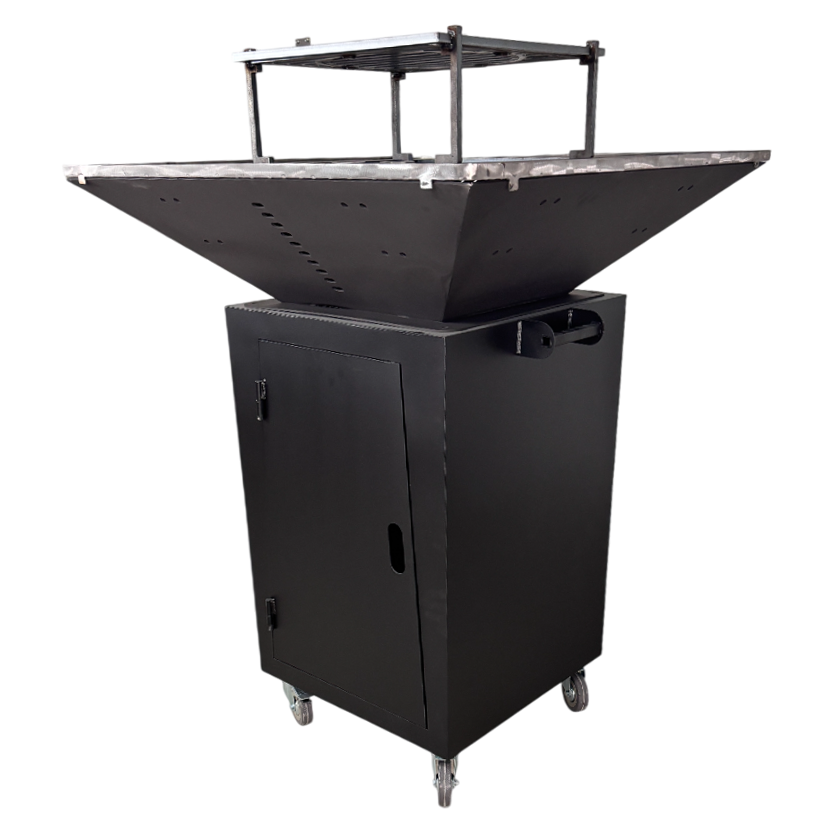 Fire Pit, Gratar cu plita 75x75 cm din otel 10 mm pe lemne, pentru gradina sau terasa + blat de lemn, cu sticla colorata NEVOPSIT, FARA BLAT DE LEMN SI FARA MOTIVE TRADITIONALE