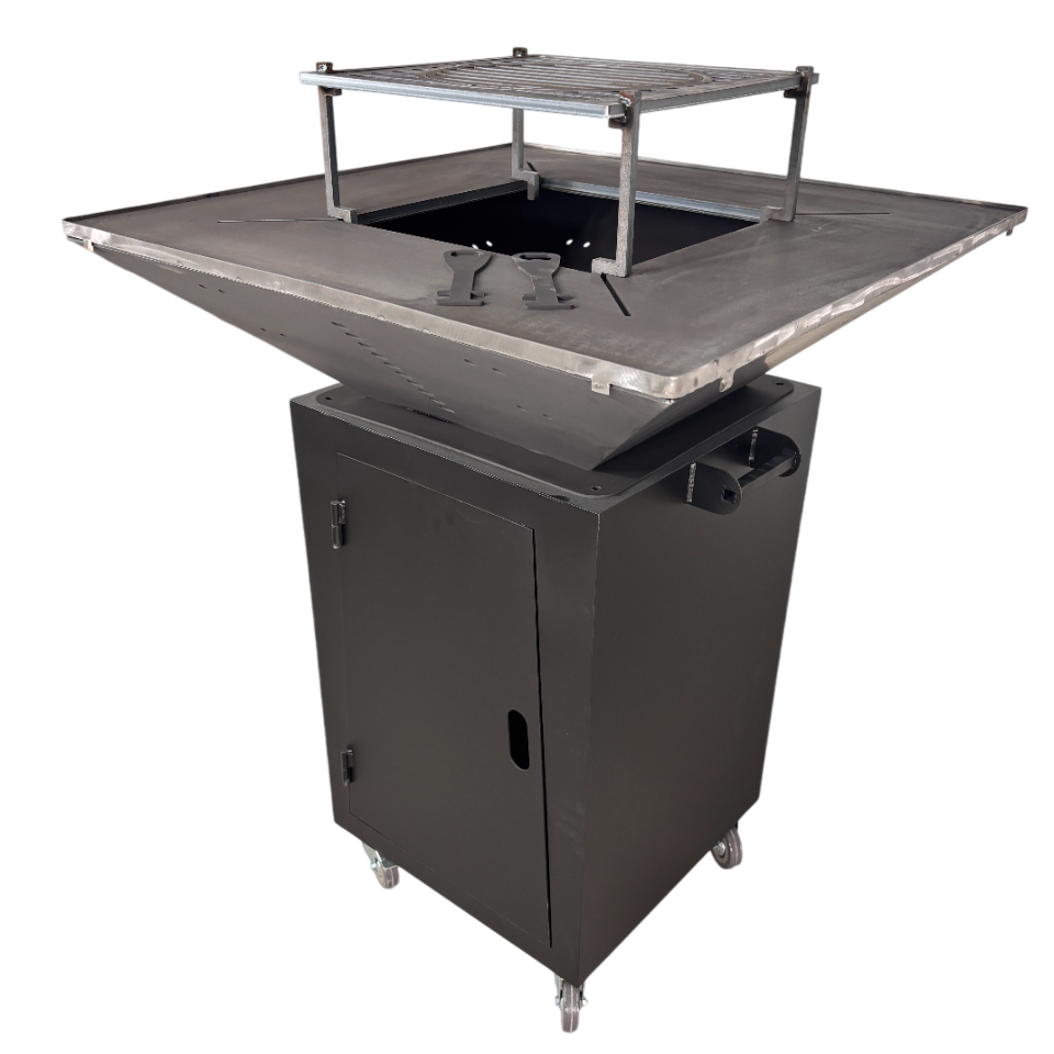 Fire Pit, Gratar cu plita 75x75 cm din otel 10 mm pe lemne, pentru gradina sau terasa + blat de lemn, cu sticla colorata NEVOPSIT, FARA BLAT DE LEMN SI FARA MOTIVE TRADITIONALE