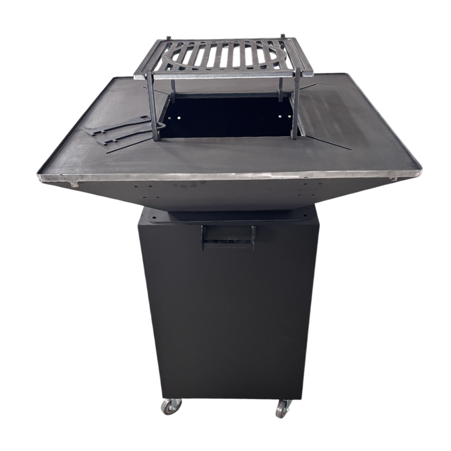 Fire Pit, Gratar cu plita 75x75 cm din otel 10 mm pe lemne, pentru gradina sau terasa + blat de lemn, cu sticla colorata NEVOPSIT, FARA BLAT DE LEMN SI FARA MOTIVE TRADITIONALE