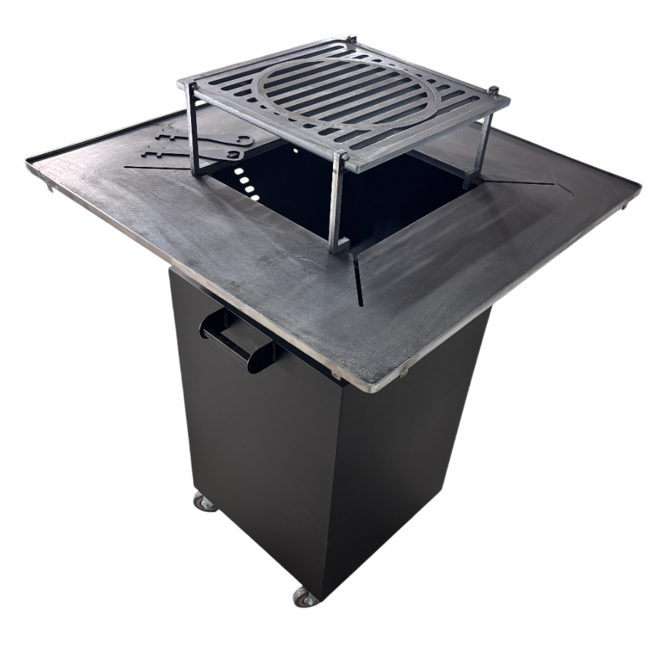 Fire Pit, Gratar cu plita 75x75 cm din otel 10 mm pe lemne, pentru gradina sau terasa + blat de lemn, cu sticla colorata NEVOPSIT, FARA BLAT DE LEMN SI FARA MOTIVE TRADITIONALE