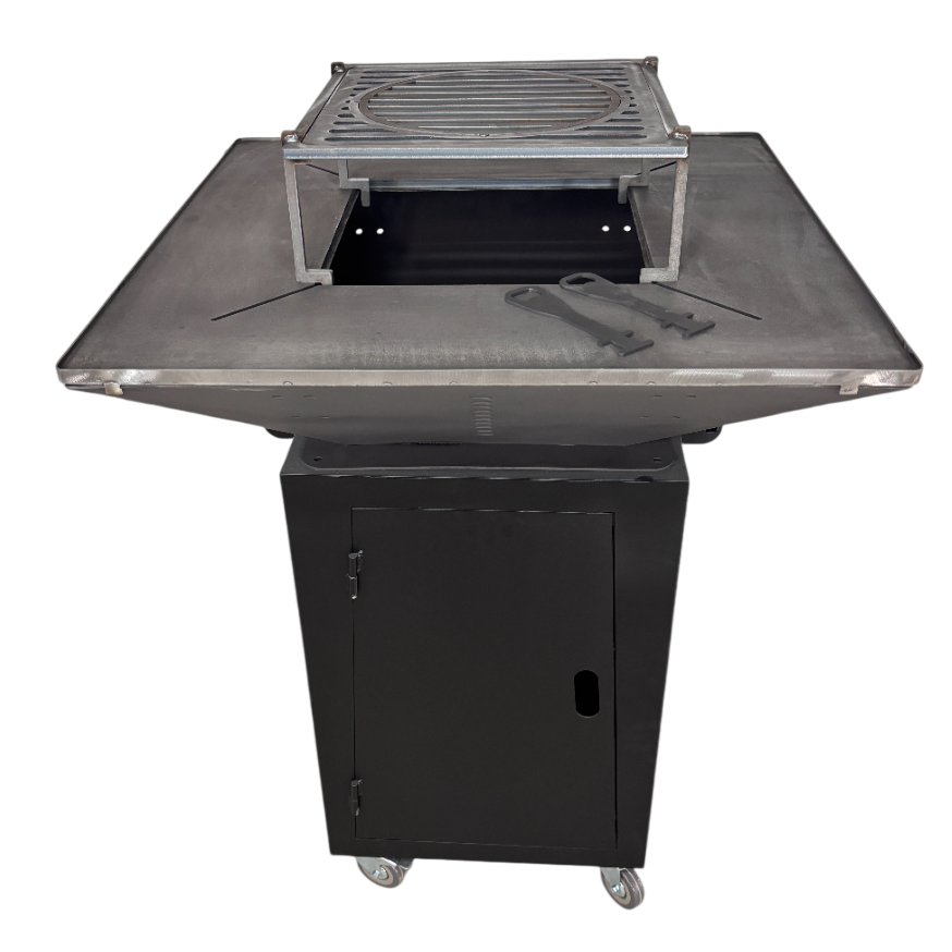 Fire Pit, Gratar cu plita 75x75 cm din otel 10 mm pe lemne, pentru gradina sau terasa + blat de lemn, cu sticla colorata NEVOPSIT, FARA BLAT DE LEMN SI FARA MOTIVE TRADITIONALE