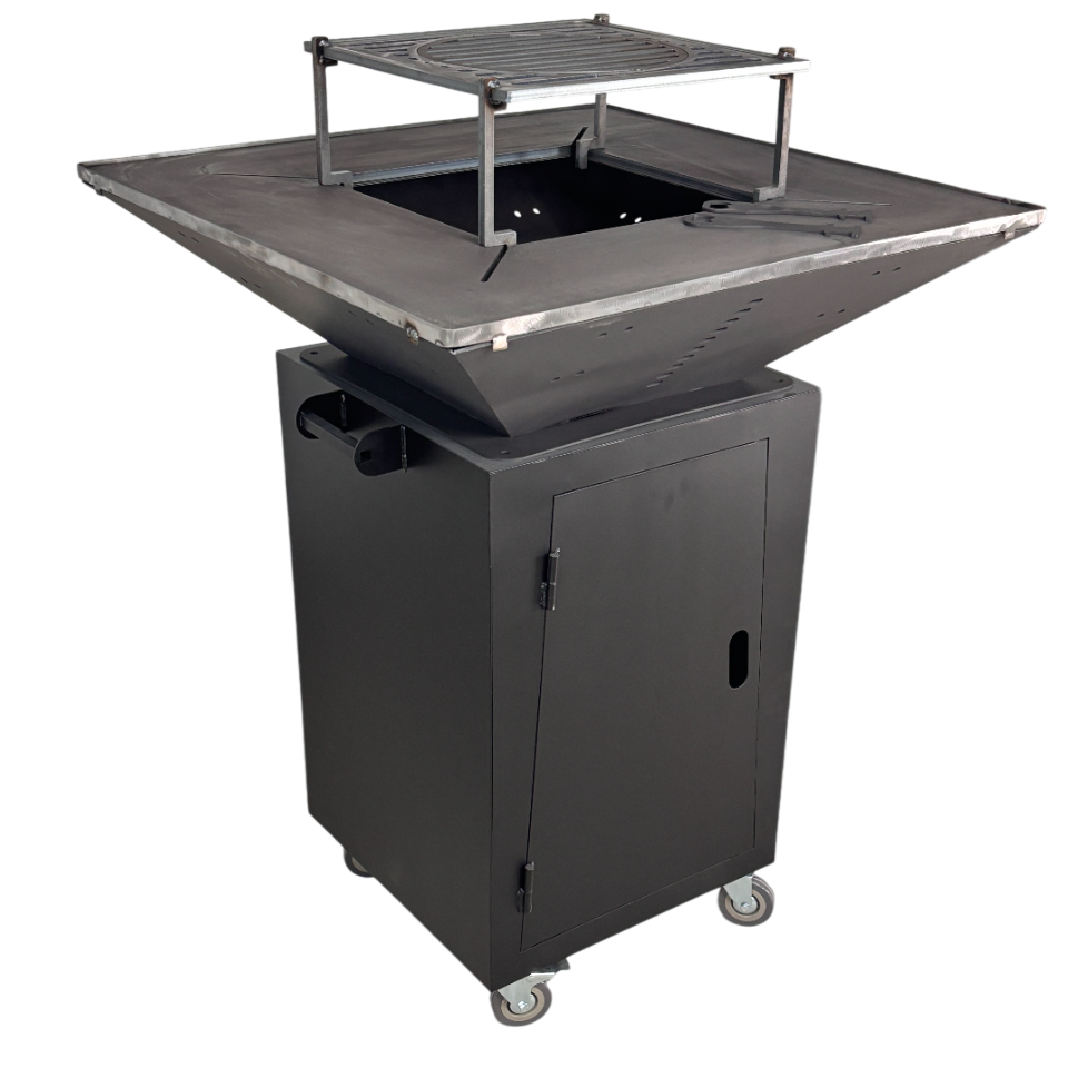 Fire Pit, Gratar cu plita 75x75 cm din otel 10 mm pe lemne, pentru gradina sau terasa + blat de lemn, cu sticla colorata NEVOPSIT, FARA BLAT DE LEMN SI FARA MOTIVE TRADITIONALE