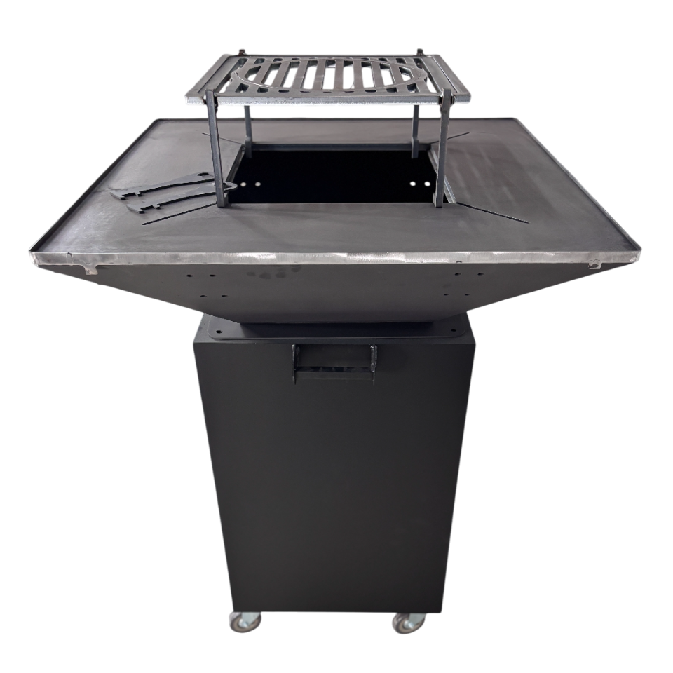 Fire Pit, Gratar cu plita 75x75 cm din otel 10 mm pe lemne, pentru gradina sau terasa + blat de lemn, cu sticla colorata NEVOPSIT, FARA BLAT DE LEMN SI FARA MOTIVE TRADITIONALE