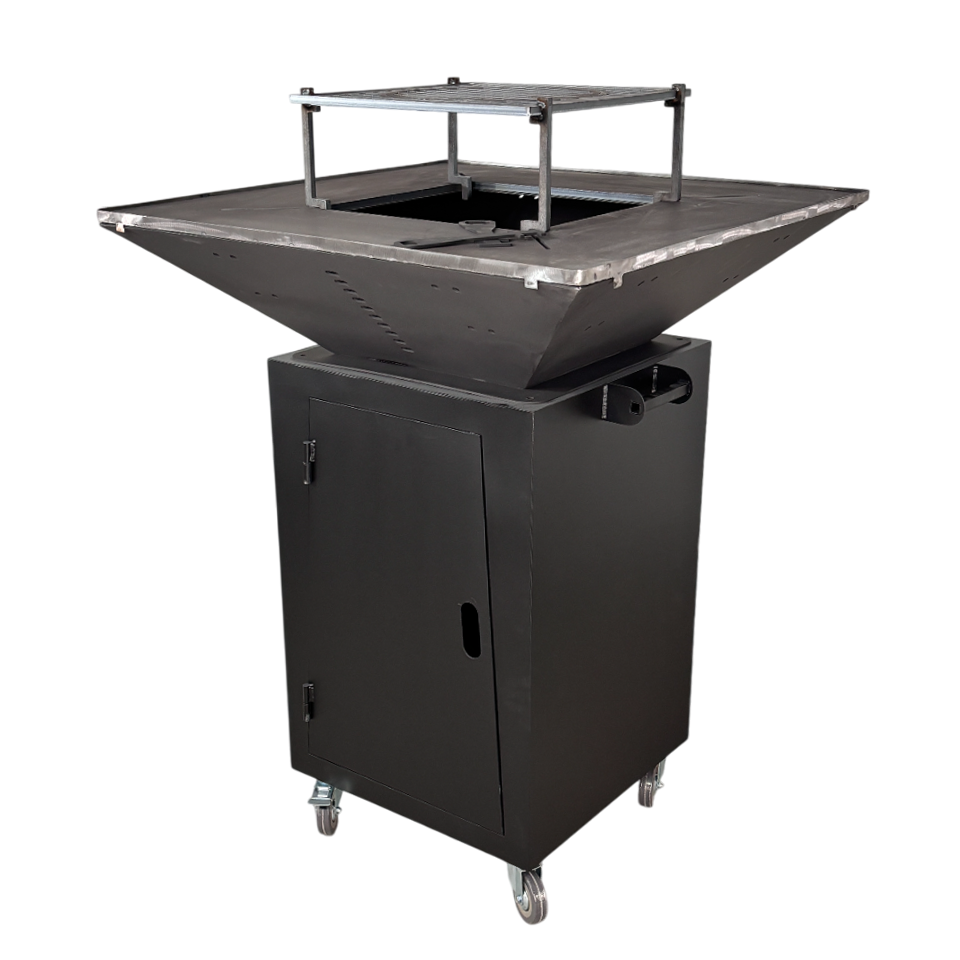 Fire Pit, Gratar cu plita 75x75 cm din otel 10 mm pe lemne, pentru gradina sau terasa + blat de lemn, cu sticla colorata NEVOPSIT, FARA BLAT DE LEMN SI FARA MOTIVE TRADITIONALE