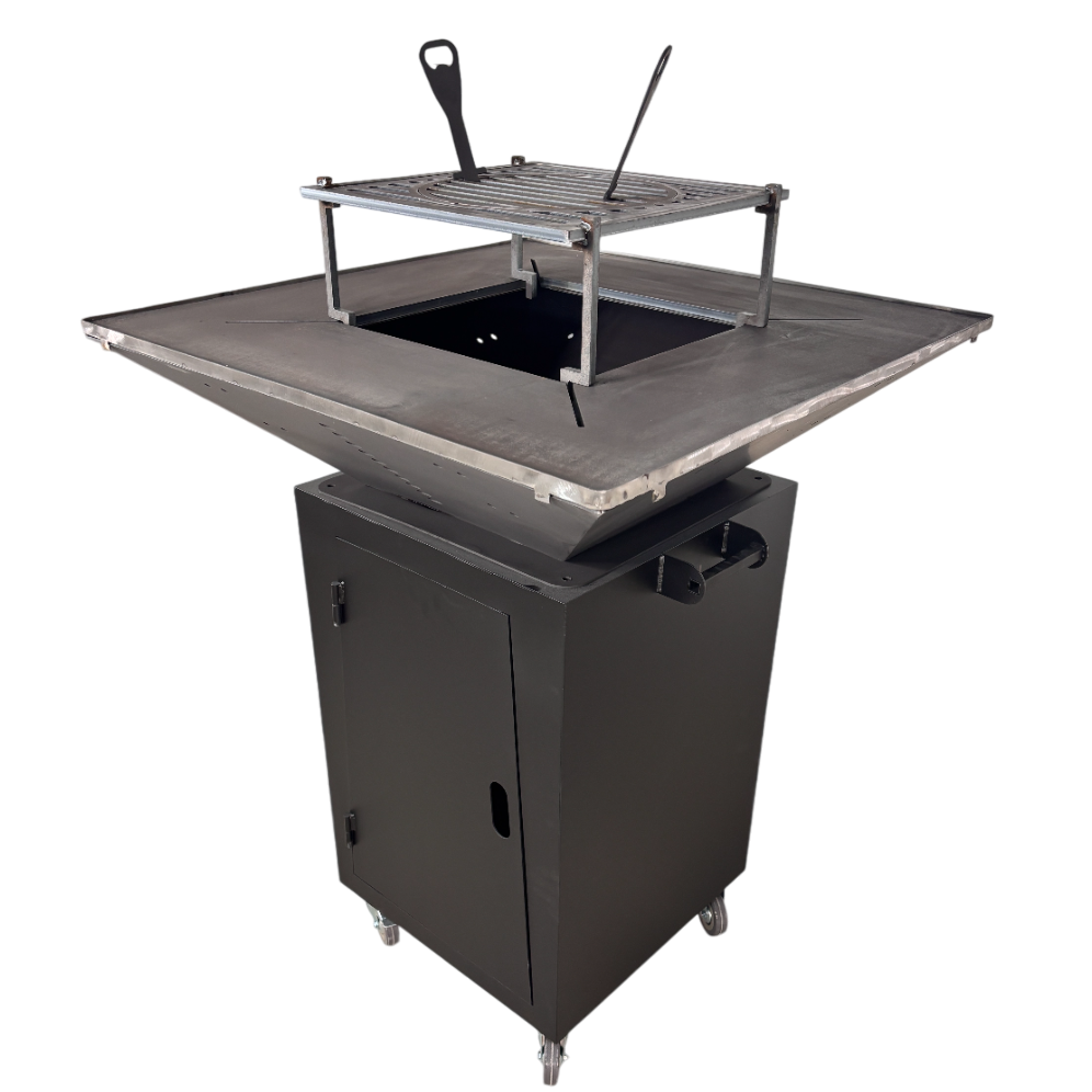 Fire Pit, Gratar cu plita 75x75 cm din otel 10 mm pe lemne, pentru gradina sau terasa + blat de lemn, cu sticla colorata NEVOPSIT, FARA BLAT DE LEMN SI FARA MOTIVE TRADITIONALE