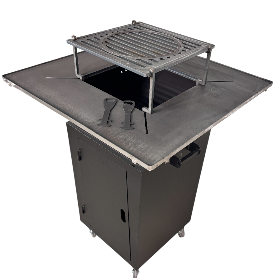 Fire Pit, Gratar cu plita 75x75 cm din otel 10 mm pe lemne, pentru gradina sau terasa + blat de lemn, cu sticla colorata NEVOPSIT, FARA BLAT DE LEMN SI FARA MOTIVE TRADITIONALE