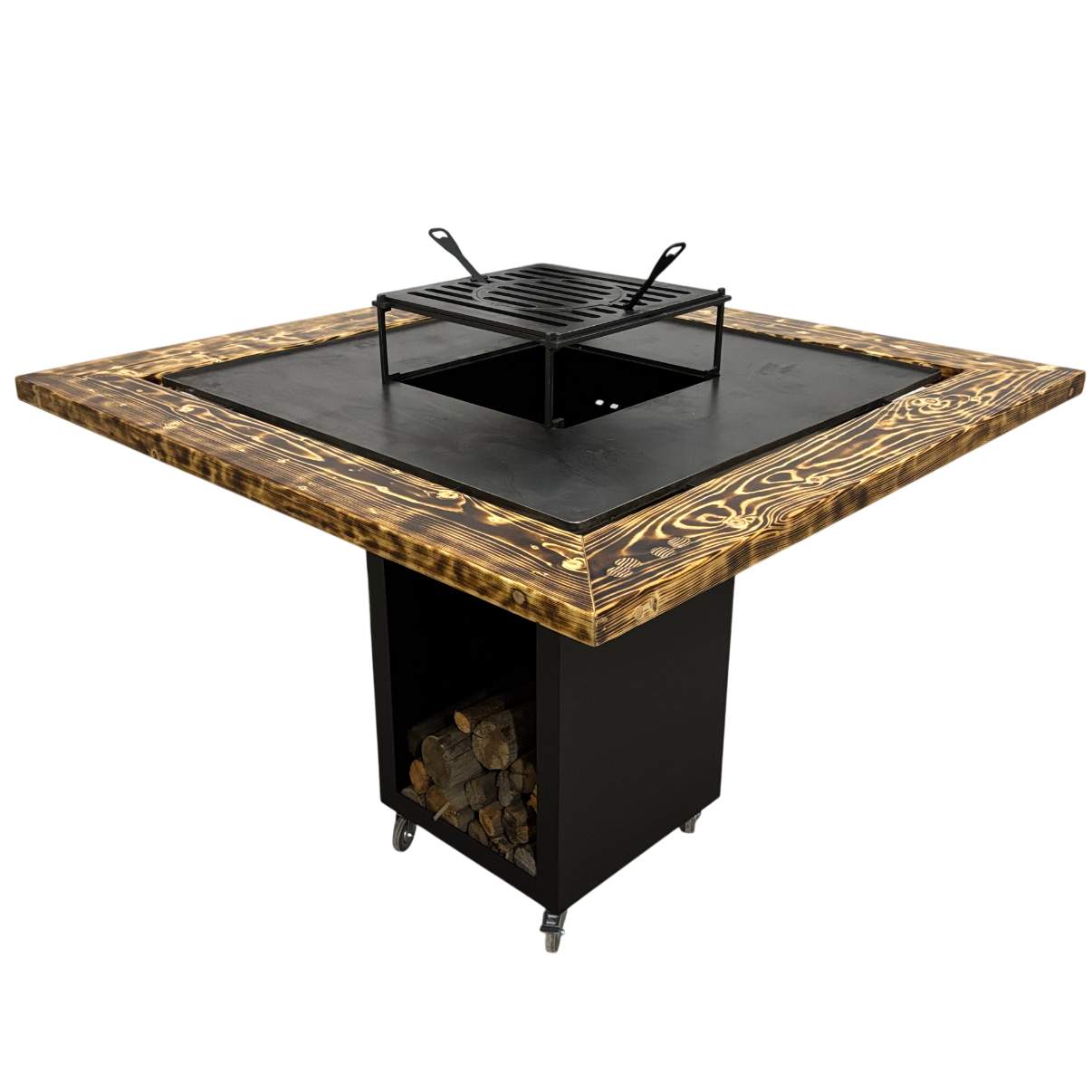 Fire Pit, Gratar cu plita 97.5 x 97.5 cm din otel 8 mm pe lemne, pentru gradina sau terasa+ grill detasabil + blat lemn