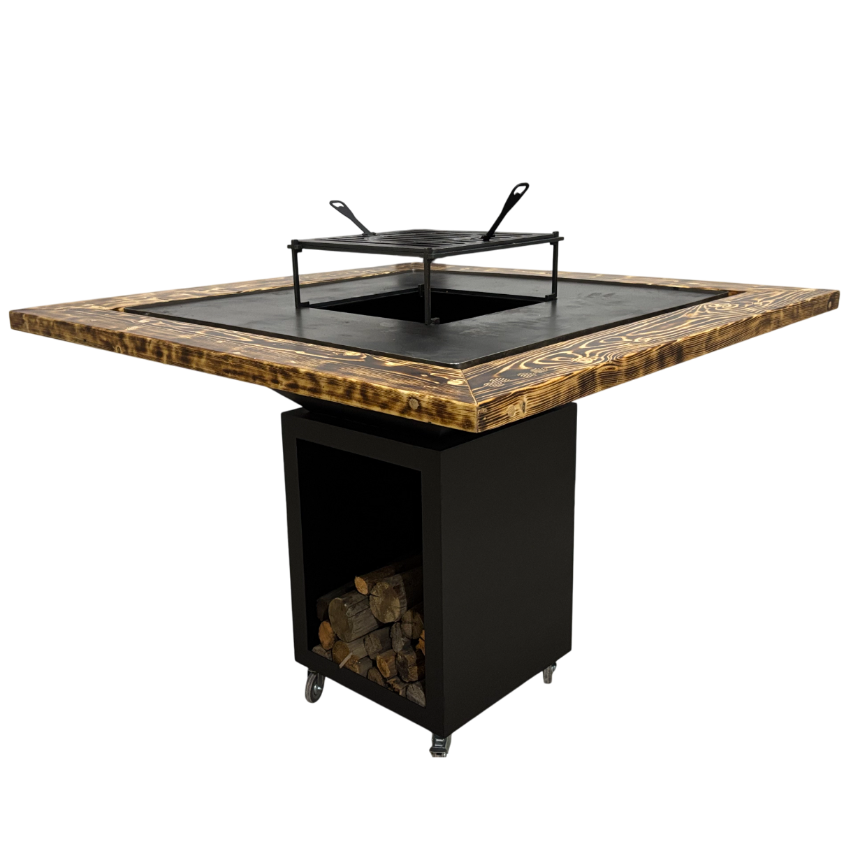 Fire Pit, Gratar cu plita 97.5 x 97.5 cm din otel 8 mm pe lemne, pentru gradina sau terasa+ grill detasabil + blat lemn