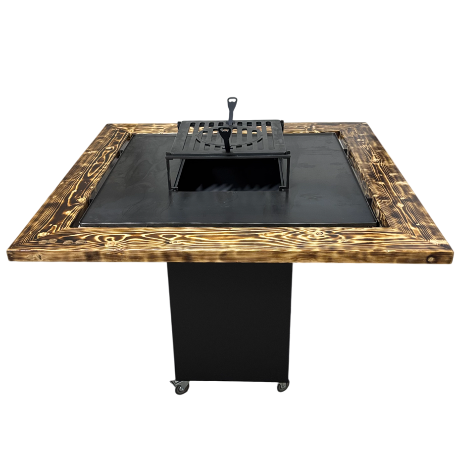 Fire Pit, Gratar cu plita 97.5 x 97.5 cm din otel 8 mm pe lemne, pentru gradina sau terasa+ grill detasabil + blat lemn
