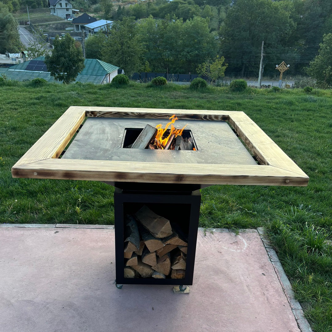 Fire Pit, Gratar cu plita 97.5 x 97.5 cm din otel 8 mm pe lemne, pentru gradina sau terasa+ grill detasabil + blat lemn
