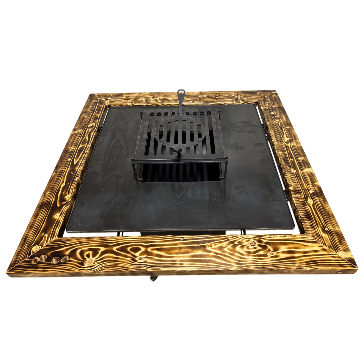 Fire Pit, Gratar cu plita 97.5 x 97.5 cm din otel 8 mm pe lemne, pentru gradina sau terasa+ grill detasabil + blat lemn