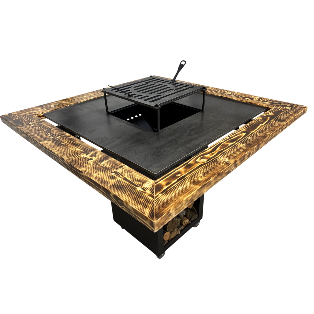 Fire Pit, Gratar cu plita 97.5 x 97.5 cm din otel 8 mm pe lemne, pentru gradina sau terasa+ grill detasabil + blat lemn