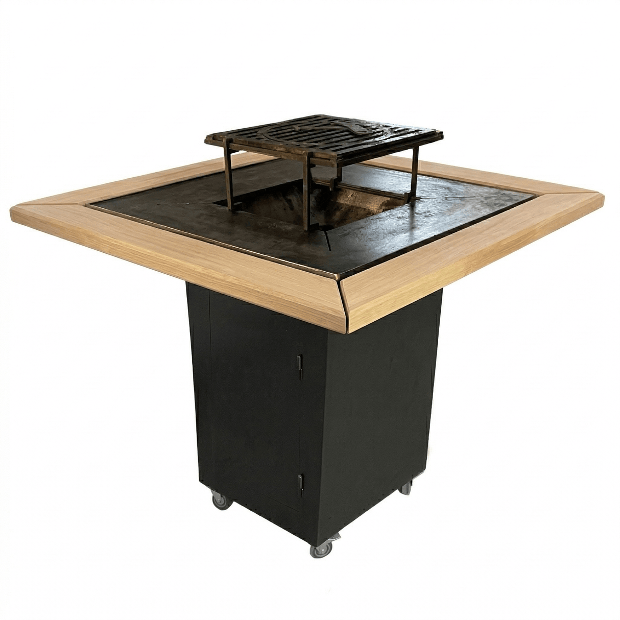 FirePit, Gratar cu plita 75x 75 cm din otel, 10 mm, pentru gradina sau terasa + blat de lemn - BUZ.RO