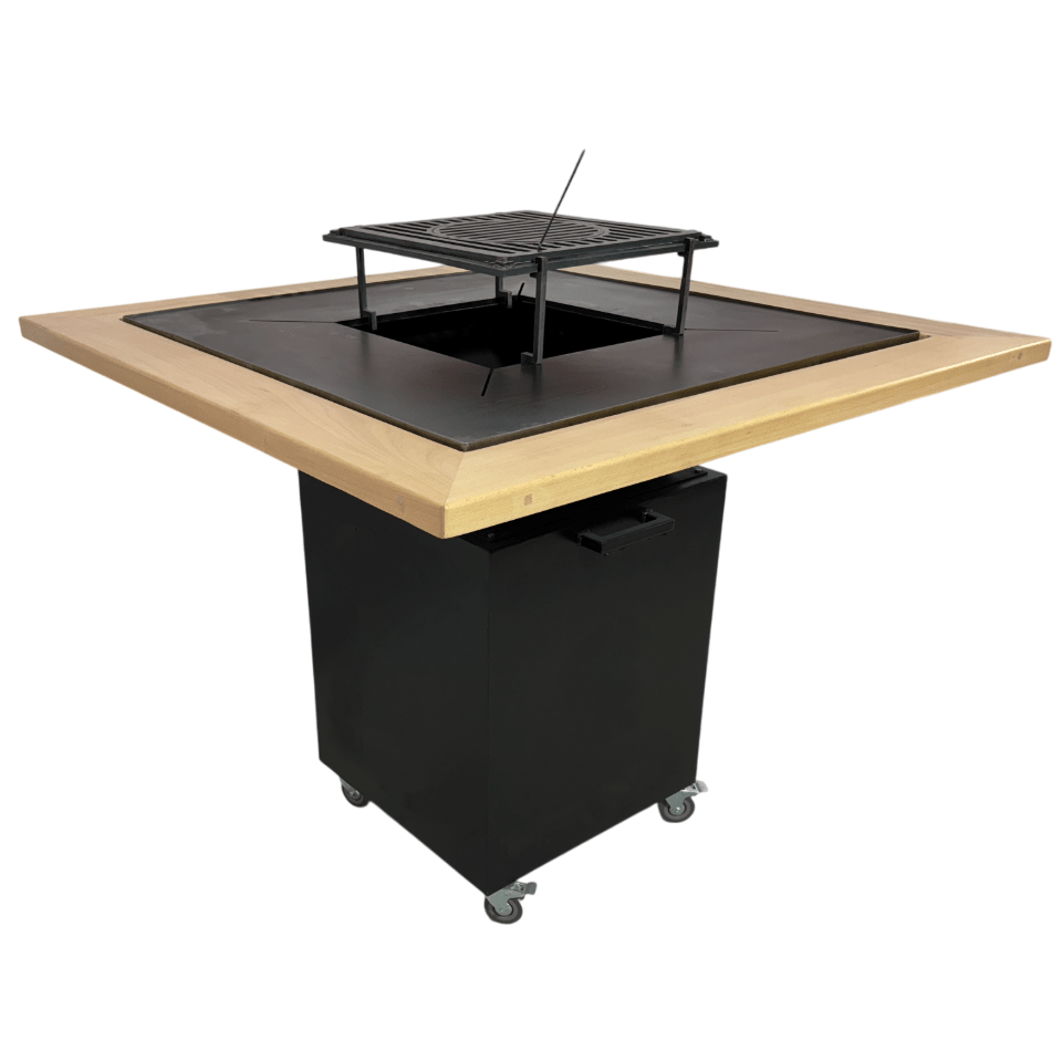 FirePit, Gratar cu plita 75x 75 cm din otel, 10 mm, pentru gradina sau terasa + blat de lemn - BUZ.RO