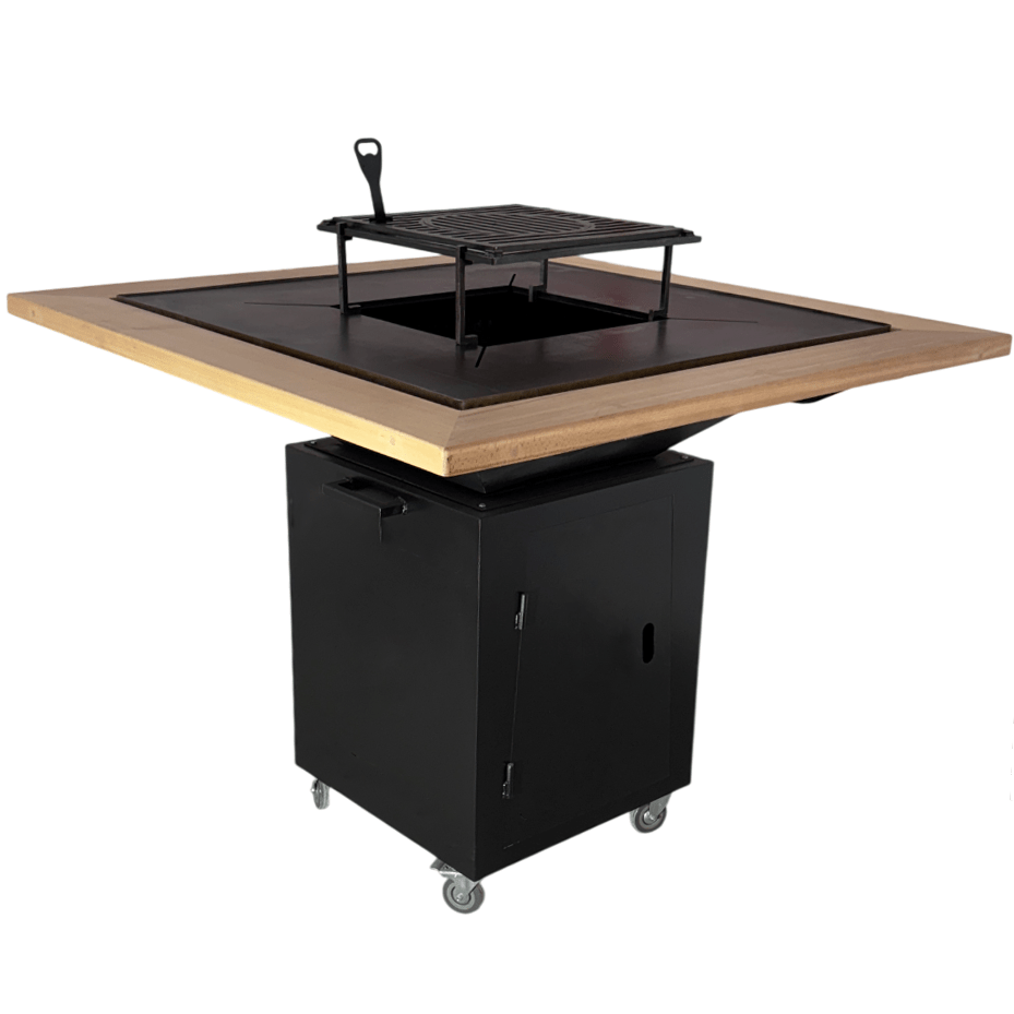 FirePit, Gratar cu plita 75x 75 cm din otel, 10 mm, pentru gradina sau terasa + blat de lemn - BUZ.RO