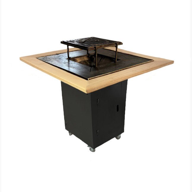 FirePit, Gratar cu plita 75x 75 cm din otel, 10 mm, pentru gradina sau terasa + blat de lemn - BUZ.RO