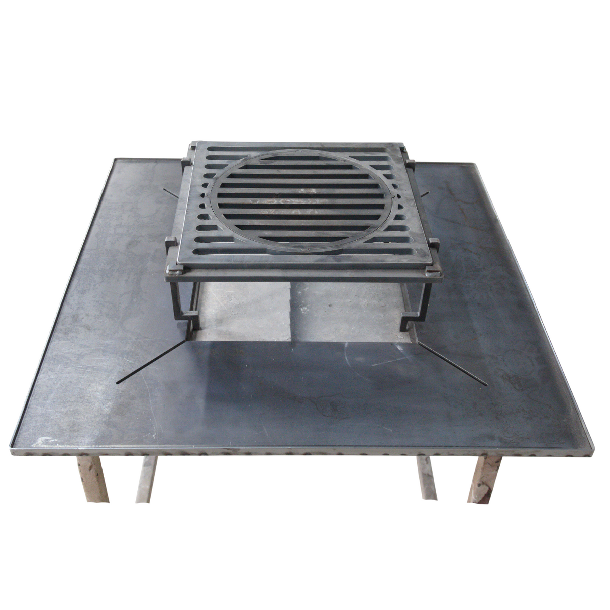 Firepit, plita gratar cu focar, plita incorporabila cu suport ceaun/disc, 75x75 cm+ grill