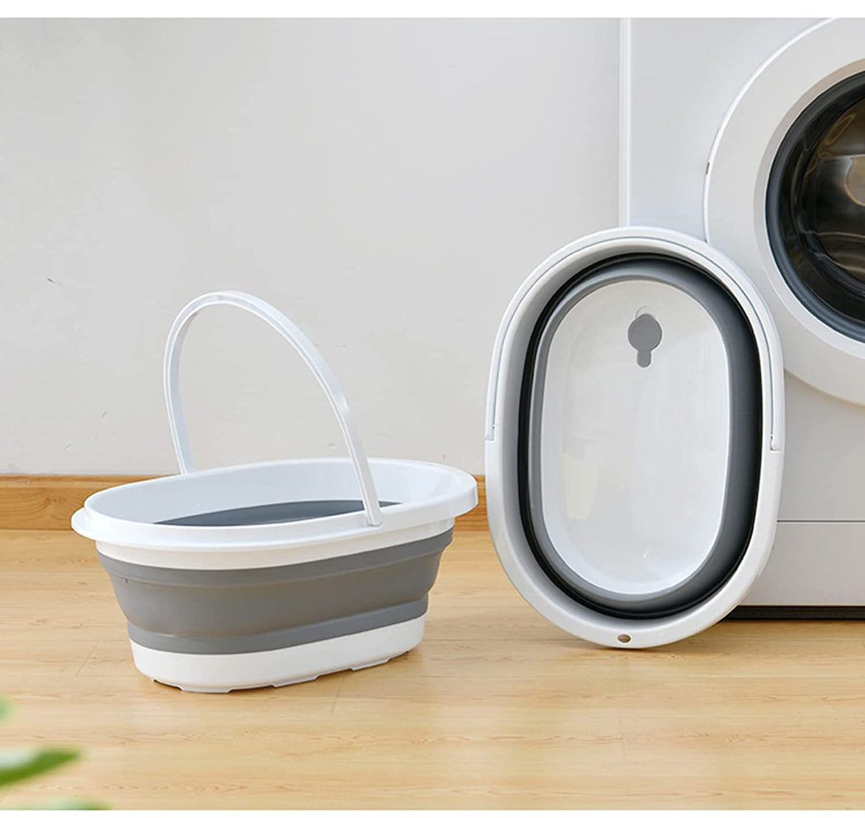 Galeata pliabila, portabila, din silicon si plastic 44x18.5x31.5 cm, alb/gri, 12 litri