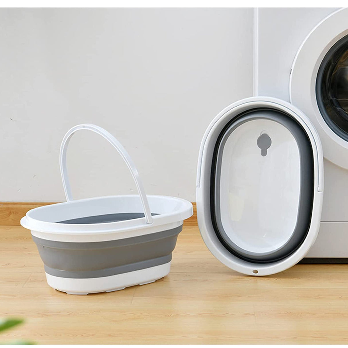 Galeata pliabila, portabila, din silicon si plastic 53.5x38x24 cm, alb/gri, 24 litri - BUZ.RO