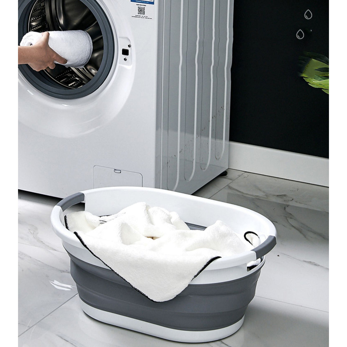 Galeata pliabila, portabila, din silicon si plastic 53.5x38x24 cm, alb/gri, 24 litri