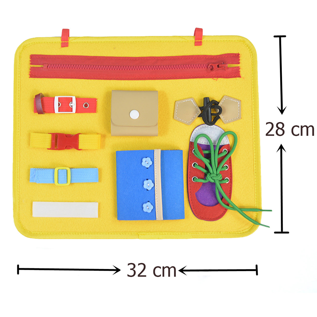 Gentuta senzoriala, cu activitati Montessori, galben, 32x28 cm