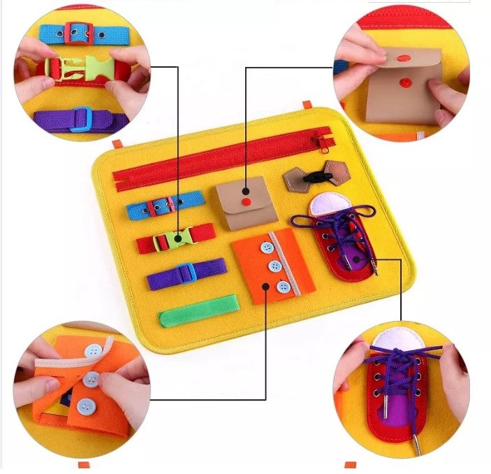 Gentuta senzoriala, cu activitati Montessori, galben, 32x28 cm