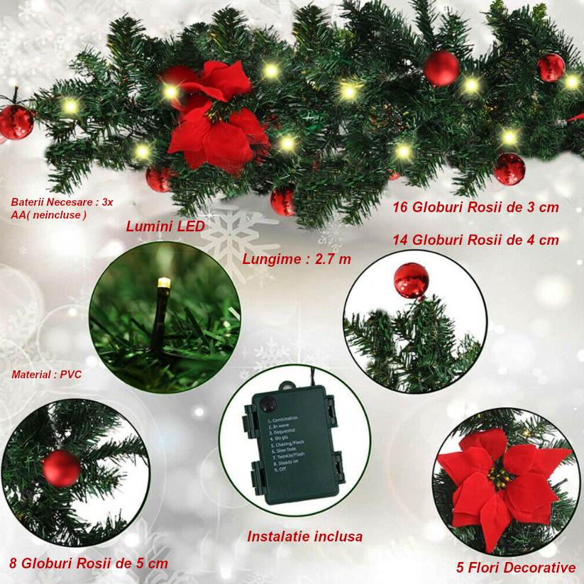Ghirlandă Crăciun luminoasă cu LED, globuri rosii si craciunite – 2.7 m, decor elegant pentru interior si exterior, din brad artificial, culoare rosie
