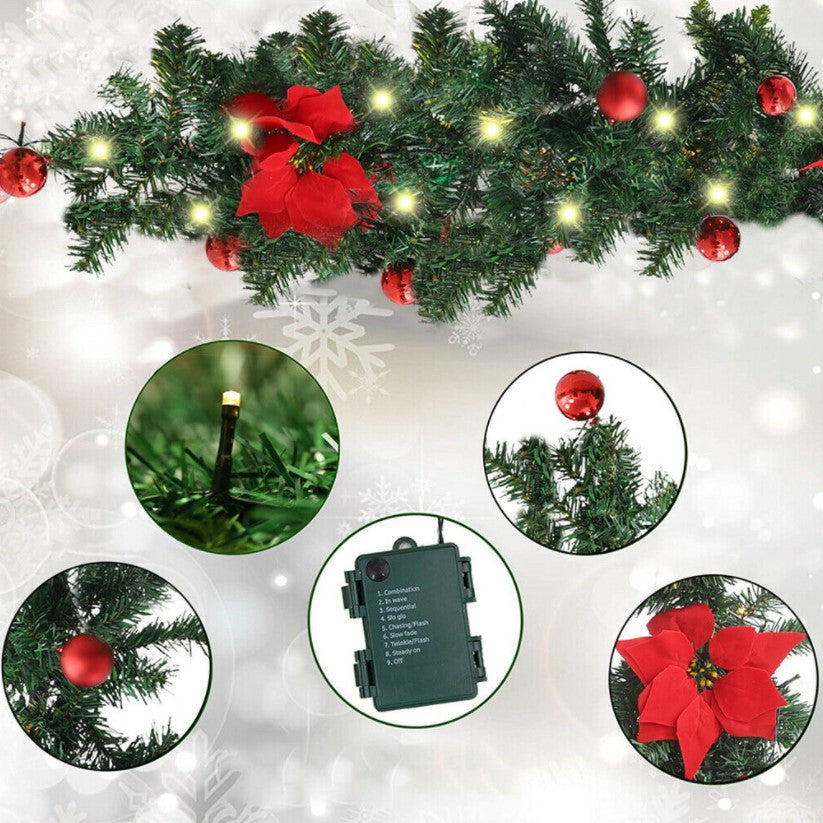 Ghirlandă Crăciun luminoasă cu LED, globuri rosii si craciunite – 2.7 m, decor elegant pentru interior si exterior, din brad artificial, culoare rosie