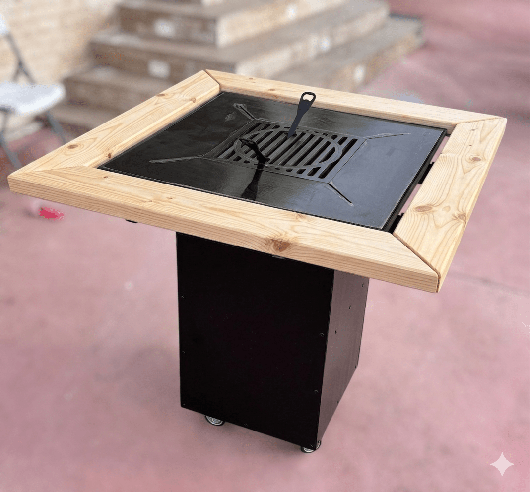Gratar de gradina 4 in 1 | 107x107cm | fire pit|Plita 10|8 mm|Blat din Lemn|Suport Ceaun/Disc blat lemn| reglare tiraj tavita cenusa - BUZ.RO
