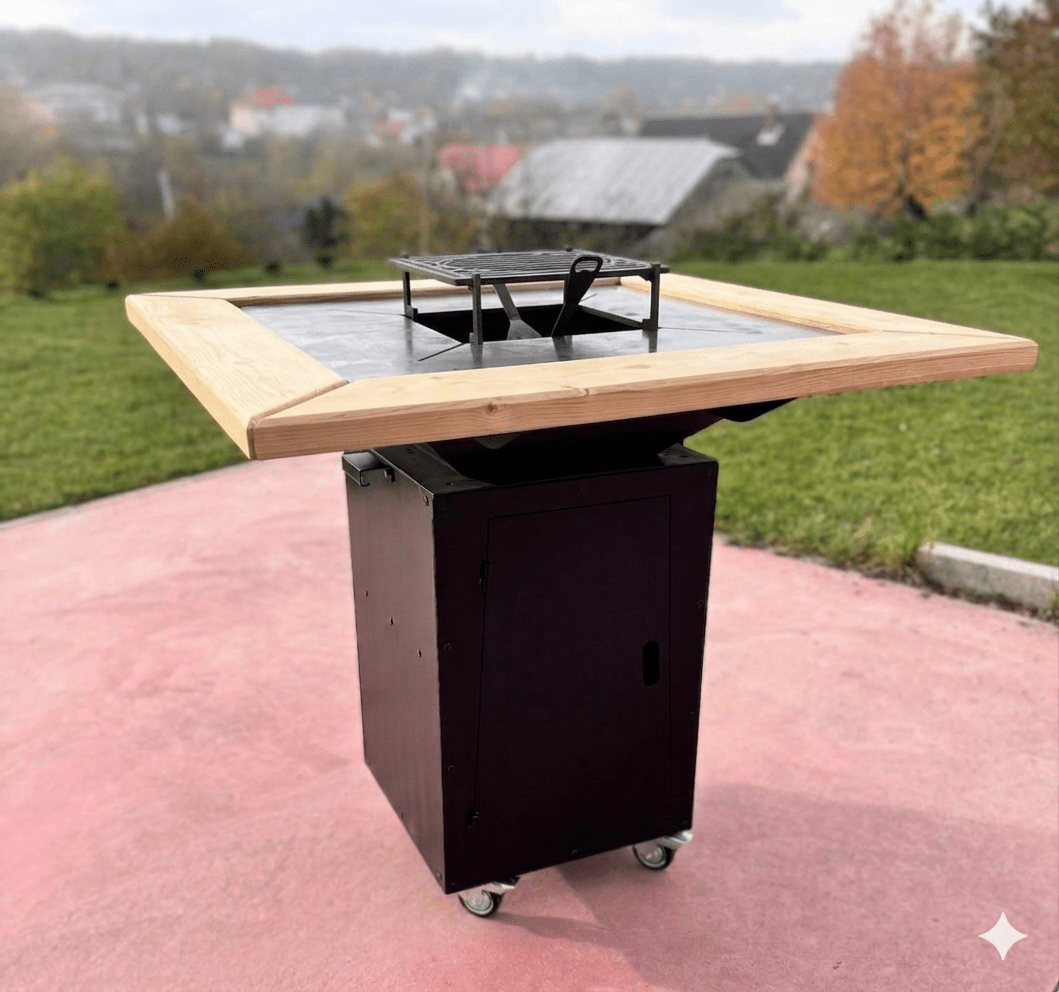 Gratar de gradina 4 in 1 | 107x107cm | fire pit|Plita 10|8 mm|Blat din Lemn|Suport Ceaun/Disc blat lemn| reglare tiraj tavita cenusa - BUZ.RO