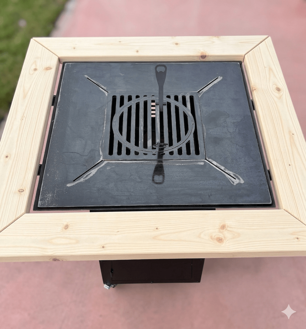 Gratar de gradina FirePit 107x107cm| plita 75x 75 cm din otel| 8/10 mm| blat de lemn tiraj reglabil si sertar cenusa - BUZ.RO