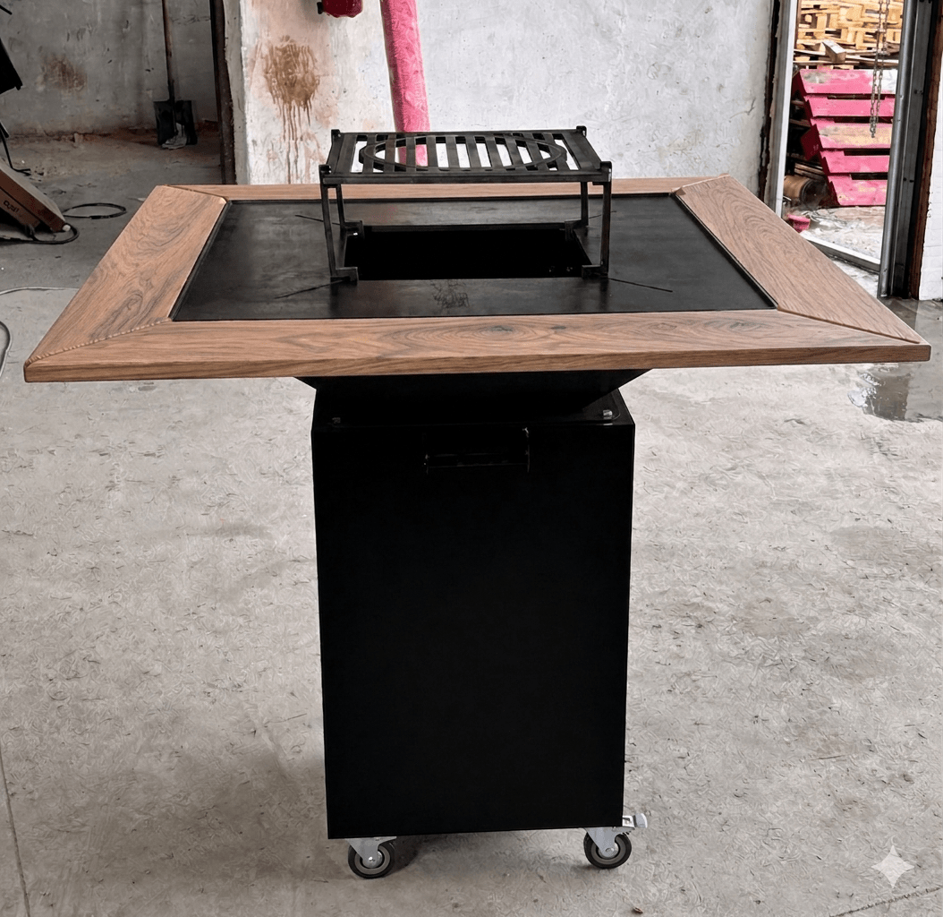Gratar de gradina FirePit 107x107cm| plita 75x 75 cm din otel| 8/10 mm| blat de lemn tiraj reglabil si sertar cenusa - BUZ.RO