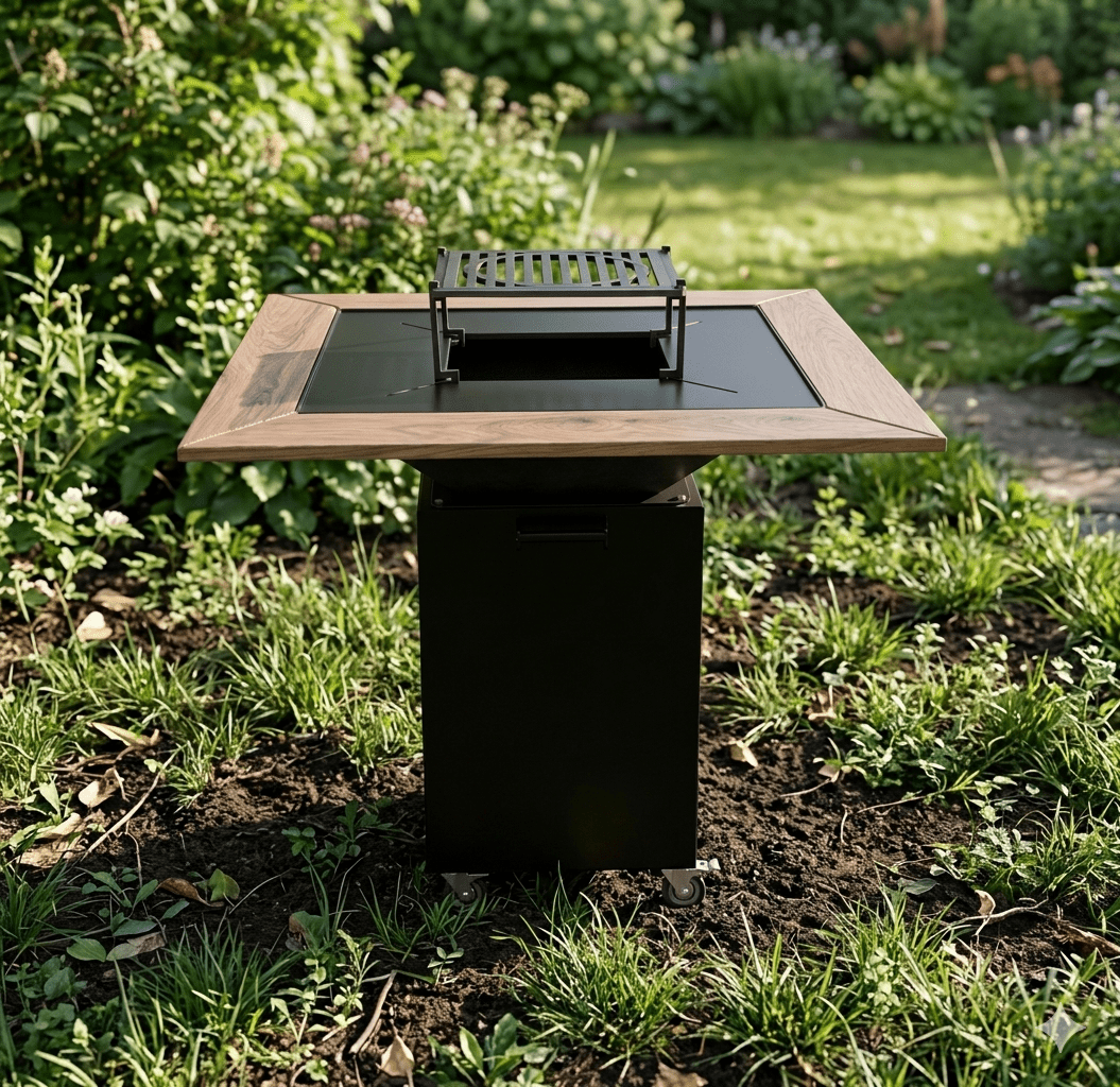 Gratar de gradina FirePit 107x107cm| plita 75x 75 cm din otel| 8/10 mm| blat de lemn tiraj reglabil si sertar cenusa - BUZ.RO