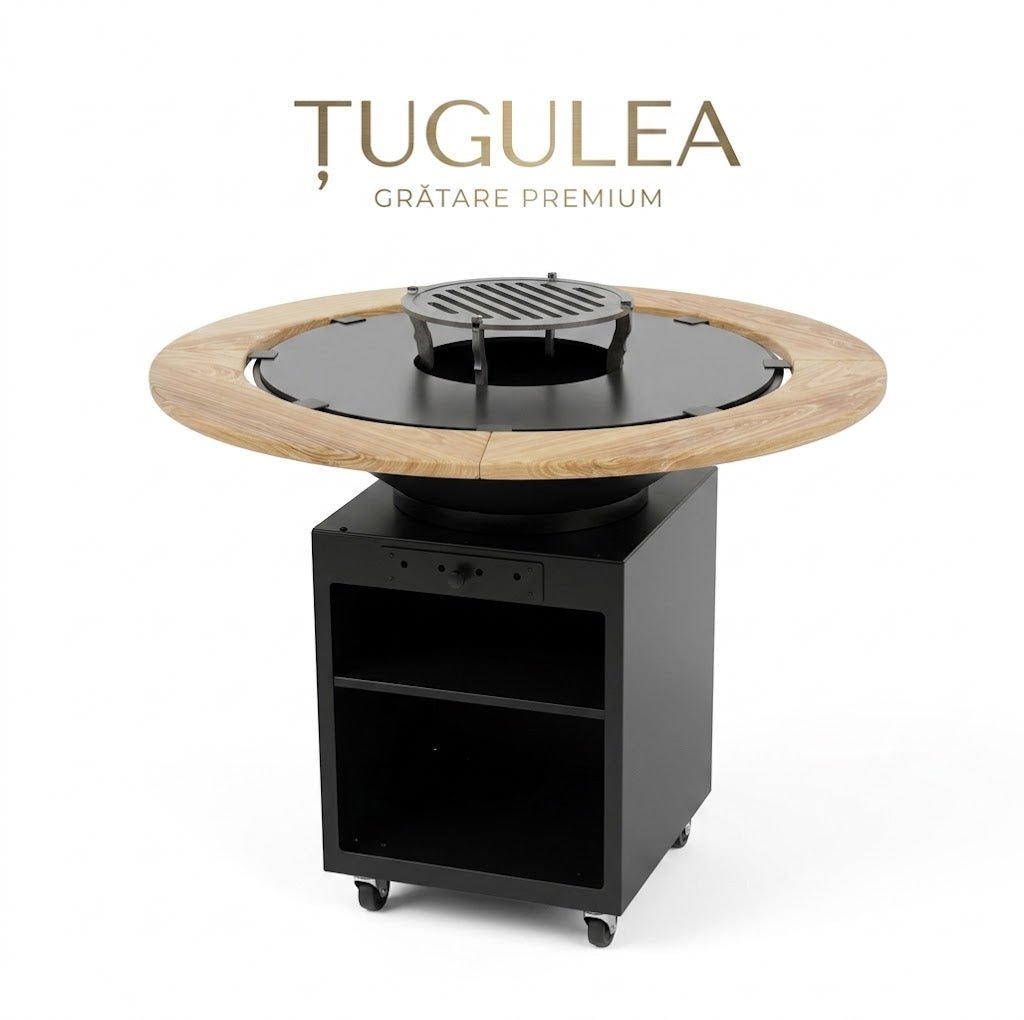 Gratar de Gradina Rotund TUGULEA | Plita 75 cm | Grosime 8/10 mm | Reglaj Tiraj si Tavita Cenusa | Blat Lemn - BUZ.RO