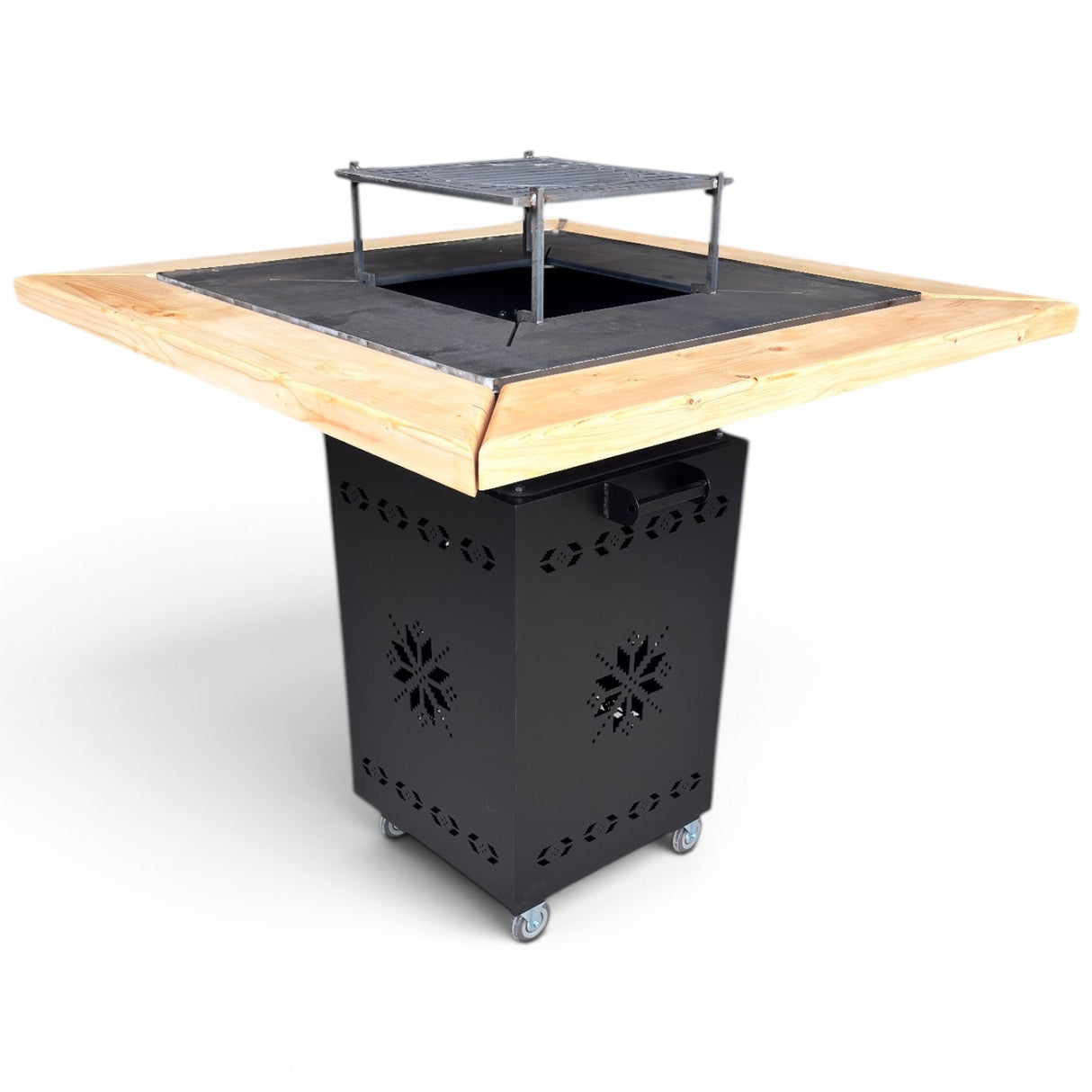 Gratar Gradina cu plita 10 mm Fire Pit 75x75 cm din fier pe lemne, pentru terasa CU BLAT DE LEMN SI MOTIVE TRADITIONALE