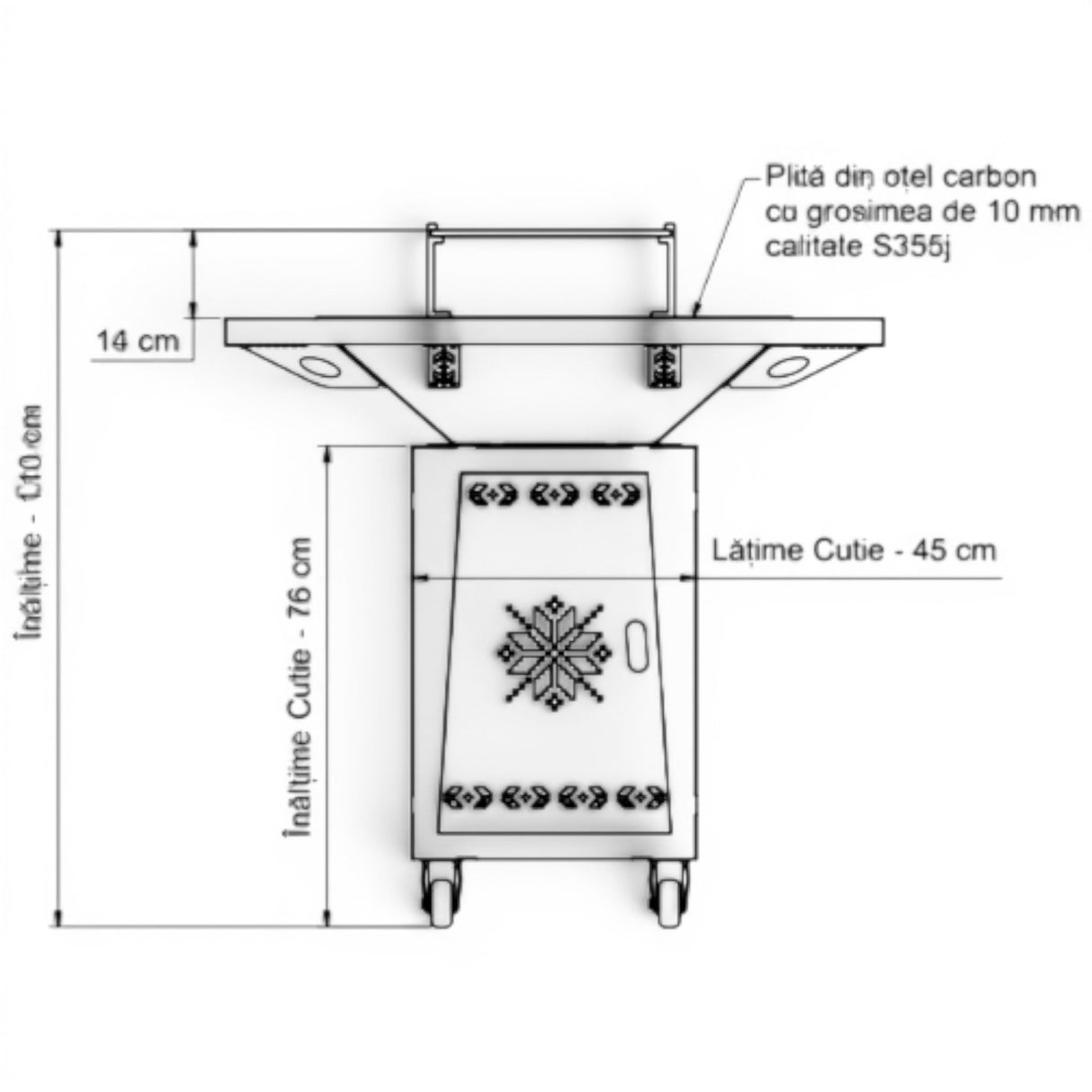 Gratar Gradina cu plita 10 mm Fire Pit 75x75 cm din fier pe lemne, pentru terasa CU BLAT DE LEMN SI MOTIVE TRADITIONALE