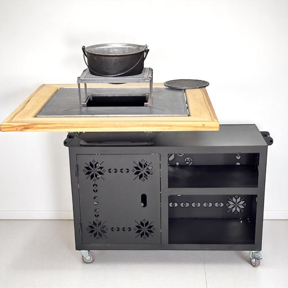 Gratar gradina cu plita 75 cm + blat lemn Firepit din otel 10 mm - BUZ.RO