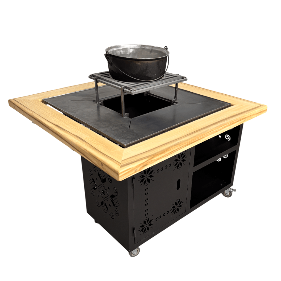 Gratar gradina cu plita 75 cm + blat lemn Firepit din otel 10 mm - BUZ.RO