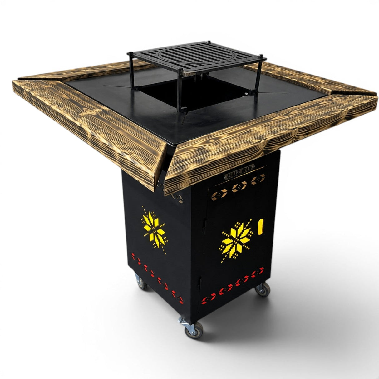 Gratar gradina cu plita 75x75 cm, Fire Pit din otel 10 mm pe lemne cu BLAT DE LEMN Ars - BUZ.RO