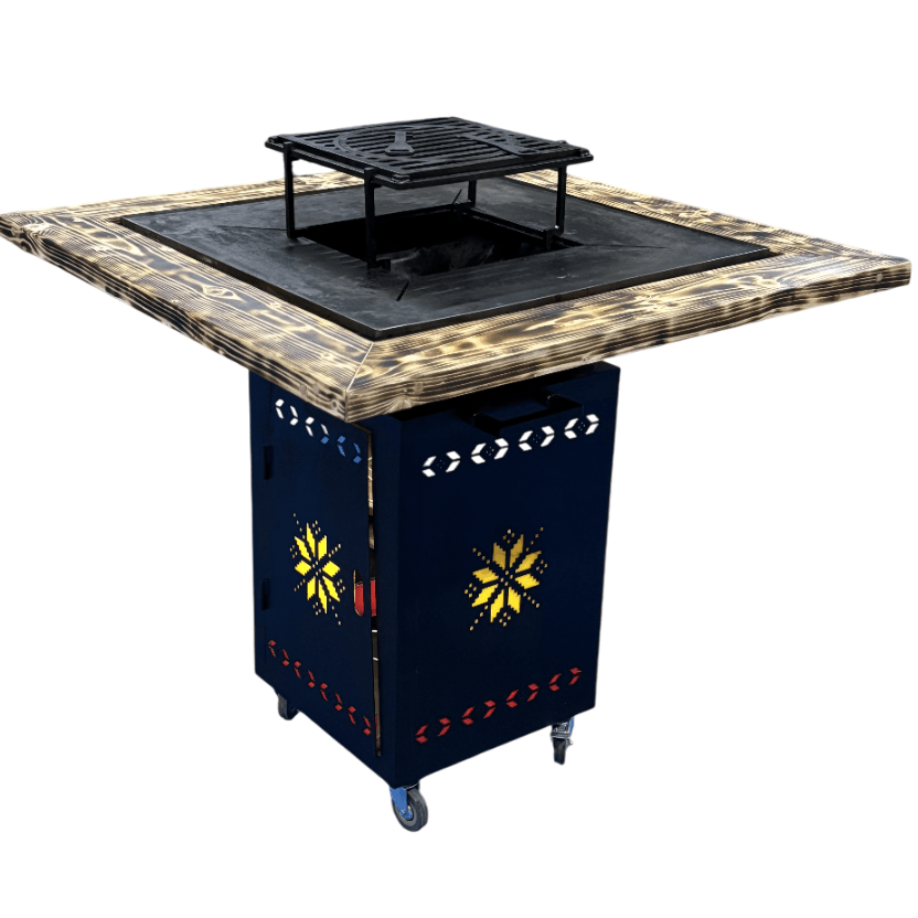 Gratar gradina cu plita 75x75 cm, Fire Pit din otel 10 mm pe lemne cu BLAT DE LEMN Ars - BUZ.RO