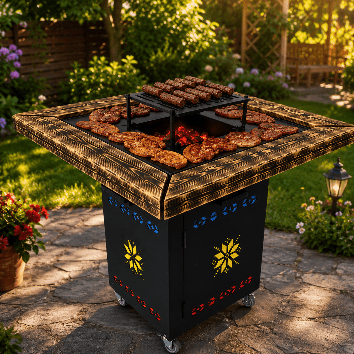 Gratar gradina cu plita 75x75 cm, Fire Pit din otel 10 mm pe lemne cu BLAT DE LEMN Ars - BUZ.RO