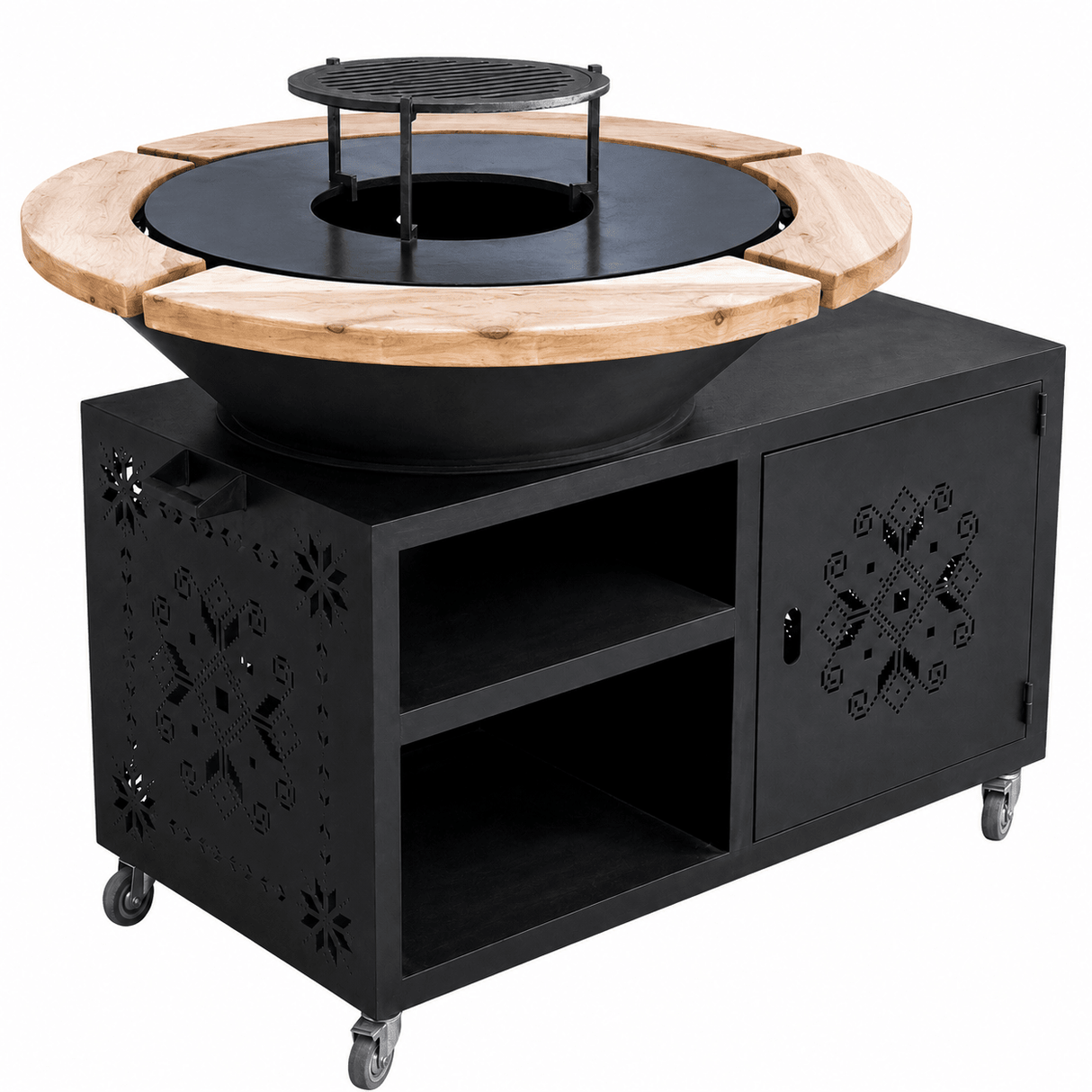 Gratar gradina cu plita 8/ 10 mm diametru 95 cm Fire Pit+ masa lucru+ spatiu depozitare |blat lemn - BUZ.RO