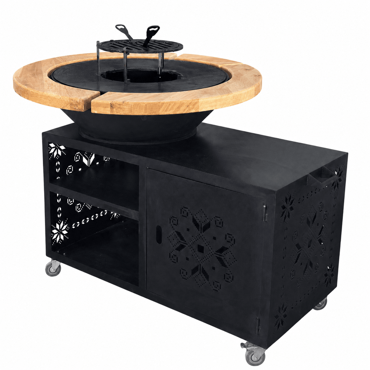Gratar gradina cu plita 8/ 10 mm diametru 95 cm Fire Pit+ masa lucru+ spatiu depozitare |blat lemn - BUZ.RO