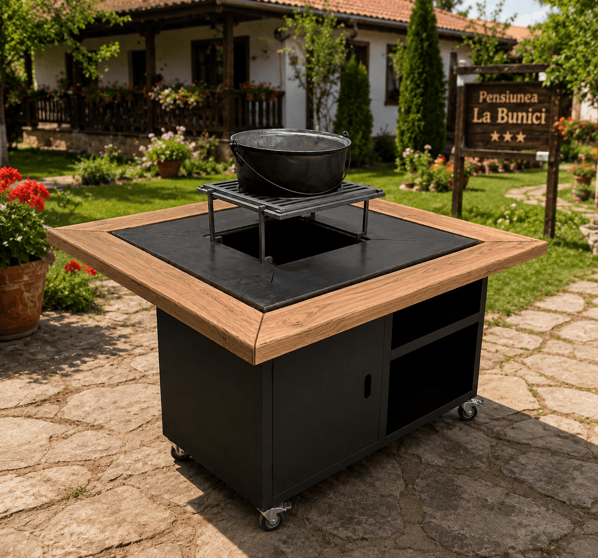 Gratar gradina cu plita 95 cm grosime 8/10mm, blat de lemn| cutie depozitare| reglare tiraj|sertar cenusa - BUZ.RO