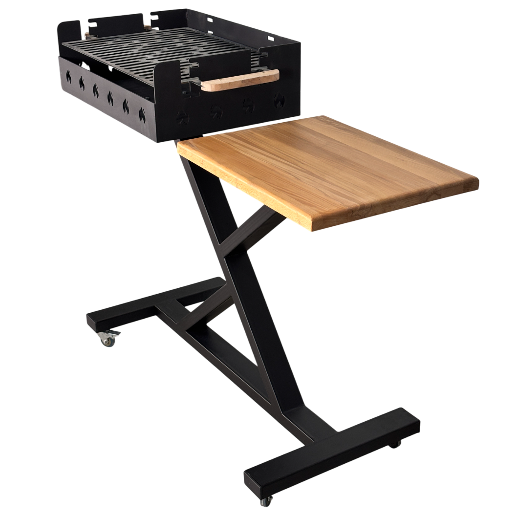 Gratar gradina portabil, premium, cu masa lucru, reglabil pe inaltime de gatire , din otel carbon, suport de lucru, pentru camping