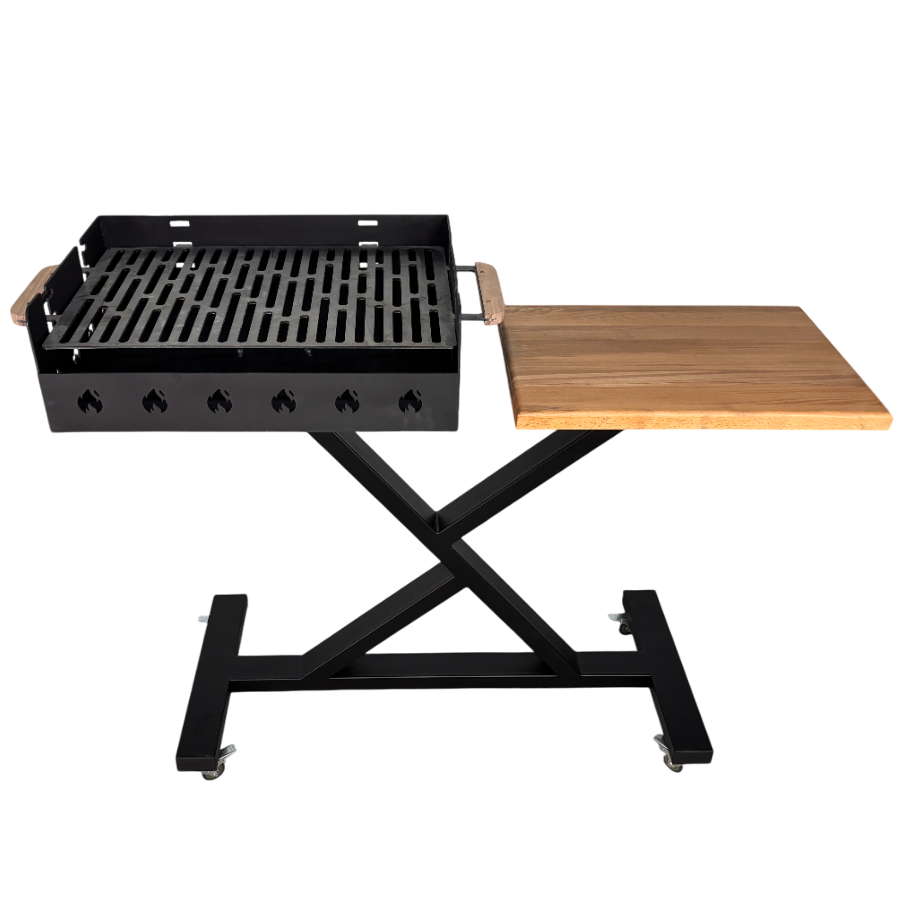 Gratar gradina portabil, premium, cu masa lucru, reglabil pe inaltime de gatire , din otel carbon, suport de lucru, pentru camping